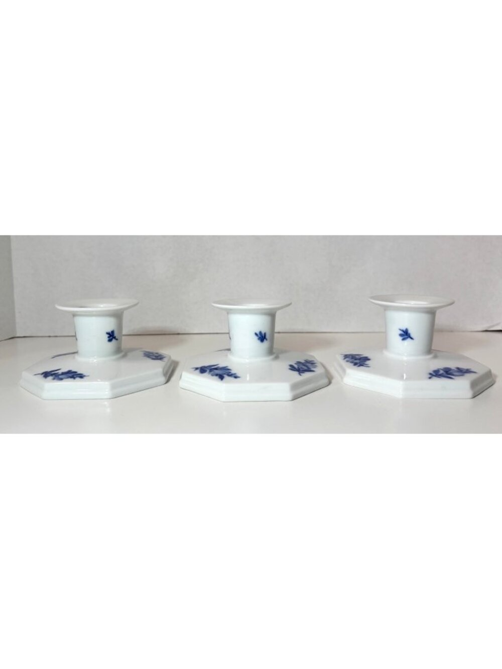 Royal Copenhagen Blue Floral Octagonal Candle Holders Set Of 3 Porcelain Denmark